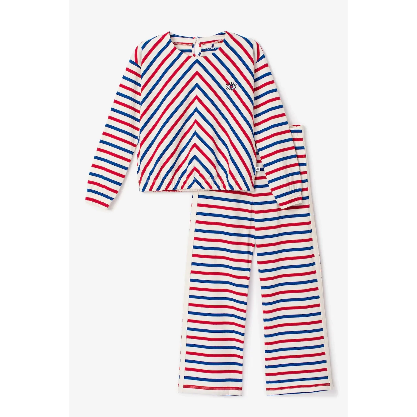 Woody X Anne Kurris - Meisjes Pyjama - Ecru met Rood en Blauwe Strepen