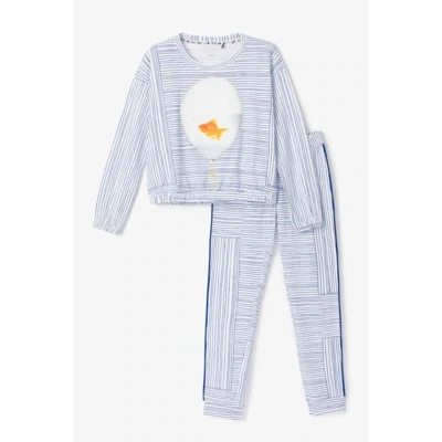 Woody X Anne Kurris - Meisjes Pyjama - Wit/Blauw Gestreept