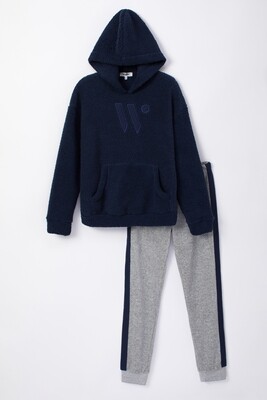 Woody Men’s &amp; Boys’ Loungewear Set – Navy Teddy Hoodie &amp; Soft Velour Pants – Ultra-Warm Cozy Homewear Outfit