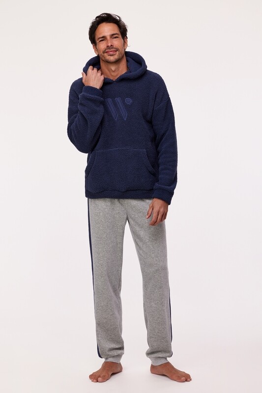 Woody Men’s &amp; Boys’ Loungewear Set – Navy Teddy Hoodie &amp; Soft Velour Pants – Ultra-Warm Cozy Homewear Outfit