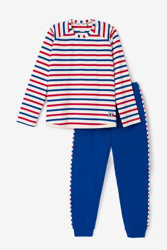 Woody - Jongens Pyjama - Ecru met Rood en Blauwe strepen van katoen WoodyxAnneKurris