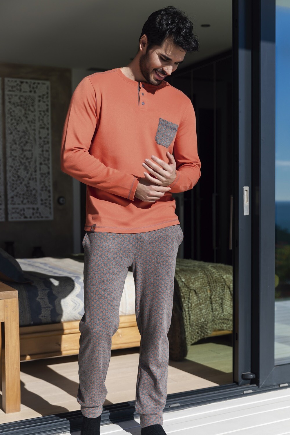 Barandi - Heren Pyjama - Oranje/Grijs
