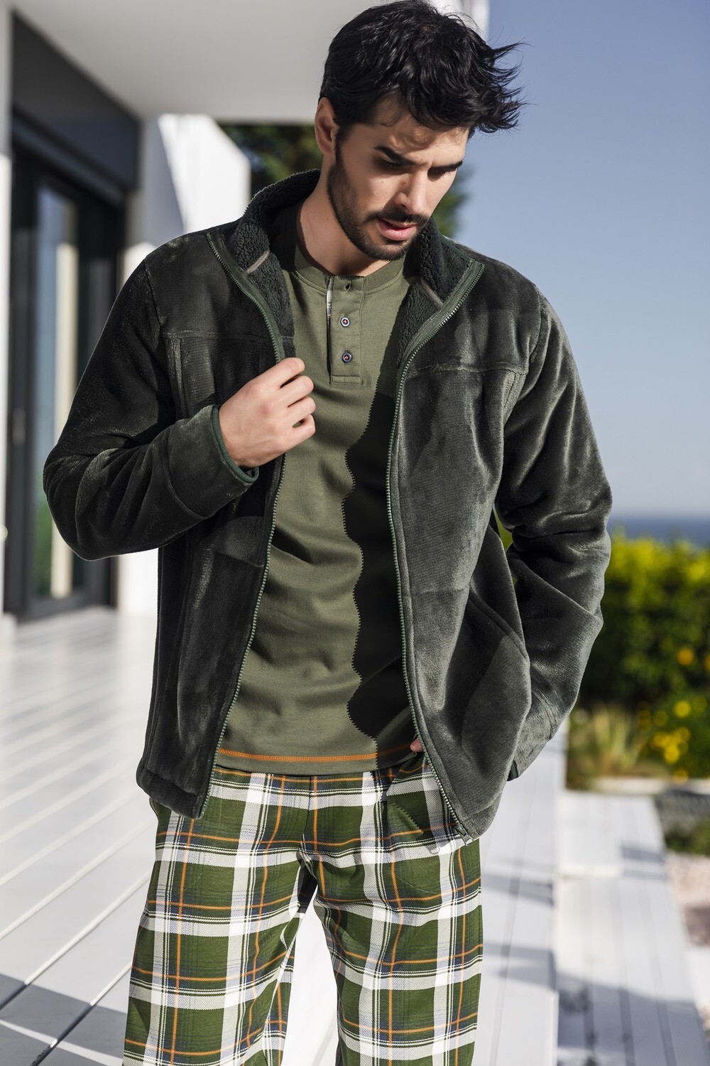Barandi - Soft Short Dressing Gown for Men - Dark Green