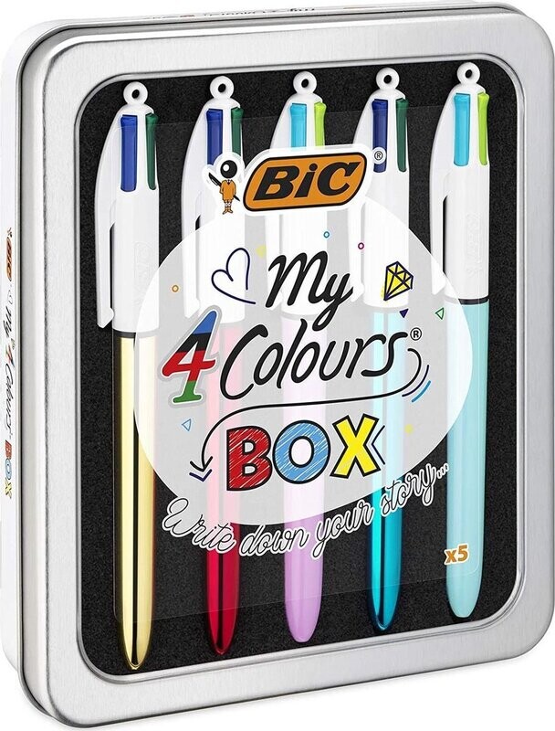 BIC My 4 Colors Box - Retractable Ballpoint Pens with Medium Point (1.0 mm) - Metal Gift Box of 5