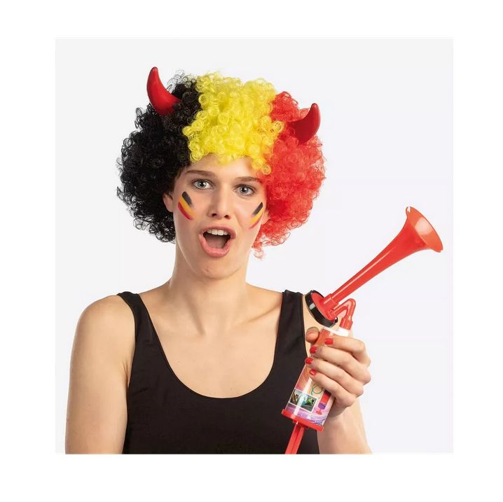 Rode Duivels - Pruik Driekleur Kroezel met Duivelsoortjes