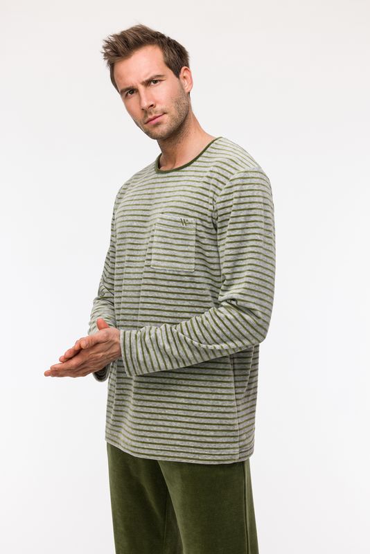 Woody - Heren Pyjama in Velours - Groen/Grijs gestreept