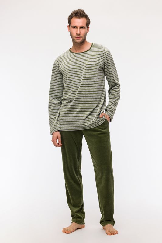 Woody - Heren Pyjama in Velours - Groen/Grijs gestreept