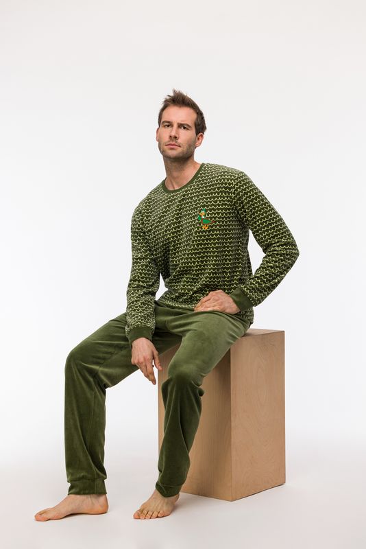 Woody - Jongens-Heren Pyjama, groene golfjes