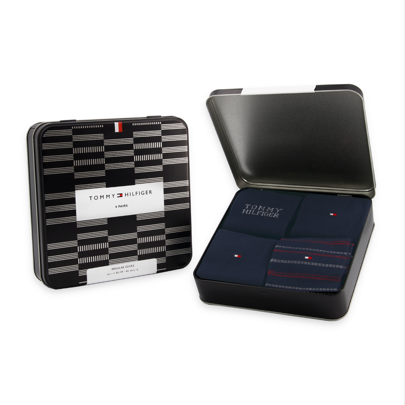 Tommy Hilfiger - Tinnen Giftbox met 4 paar Herenkousen - Donkerblauw