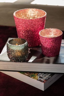 J-LINE Theelicht - Glitter Fushia S (10x10x10cm)