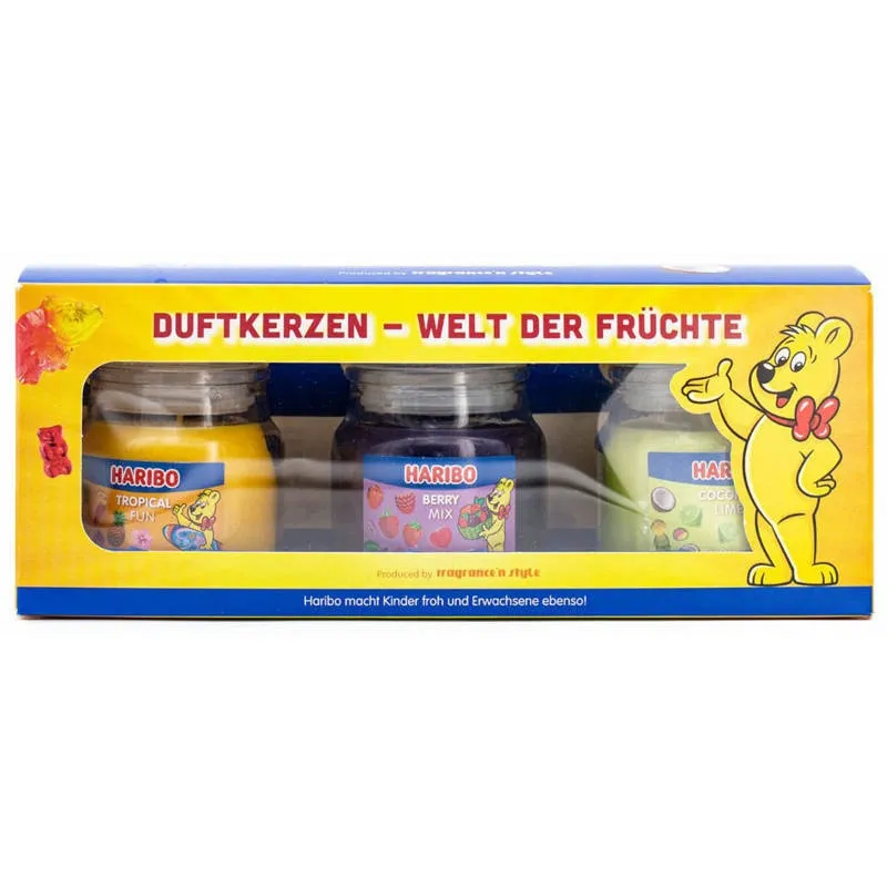 Geschenkset geurkaarsen Haribo - Berry Mix, Coconut Lime, Tropical Fun- 3 x 85g