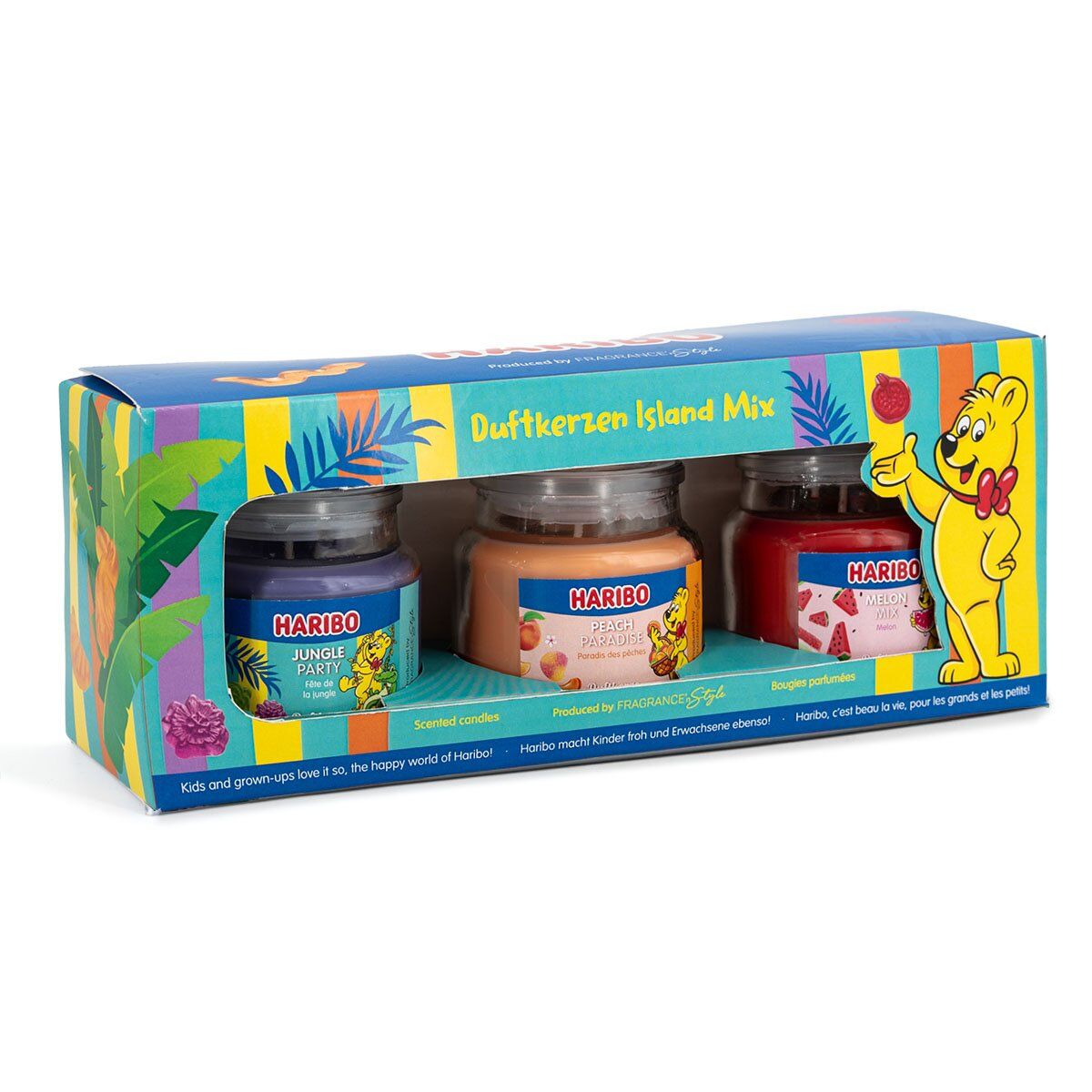 Geschenkset geurkaarsen Haribo in glas - Jungle Party, Melon Mix, Peach Paradise - 3 x 85g