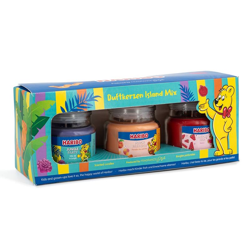 Geschenkset geurkaarsen Haribo in glas - Jungle Party, Melon Mix, Peach Paradise - 3 x 85g