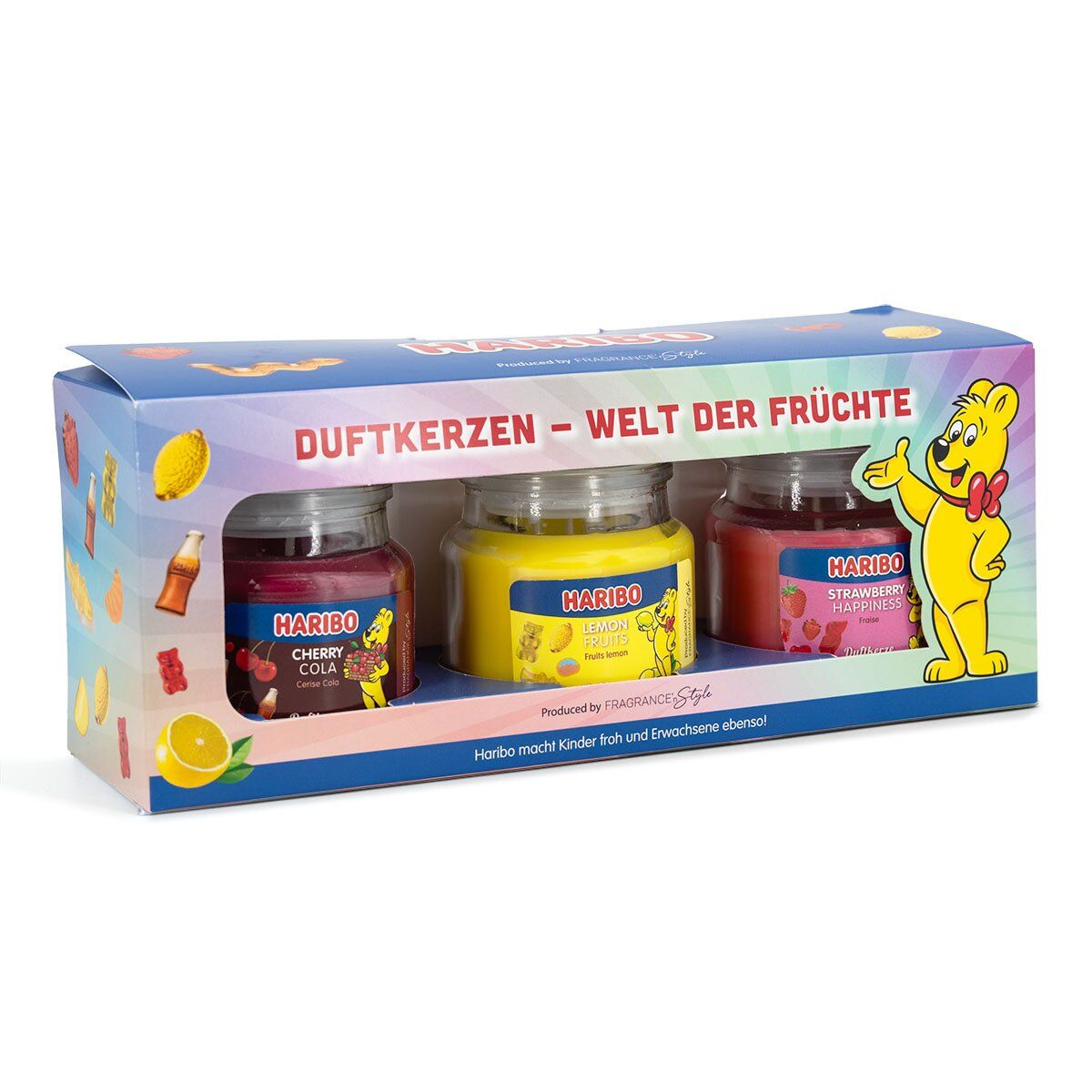 Geschenkset geurkaarsen Haribo - Cherry Cola, Lemon Fruits, Strawberry Happiness - 3 x 85g