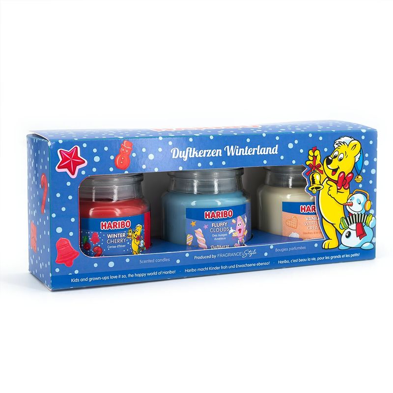 Geschenkset geurkaarsen Haribo  Winterland geurkaarsen in glas - Winter Cherry, Fluffy Clouds, Vanilla Waffle Cream - 3 x 85g