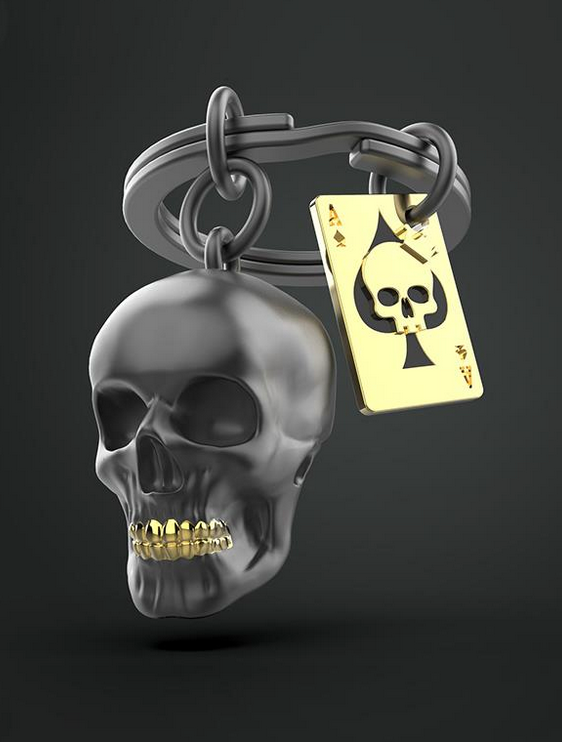 Metalmorphose  - Sleutelhanger  - Zwarte Schedel met Speelkaart Key Ring 💀🃏🔑