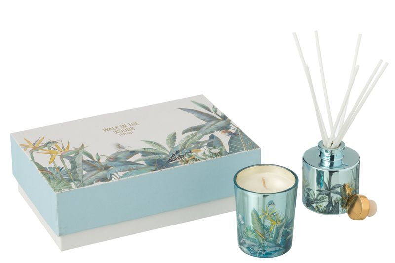 J-Line - Geschenkset Geurkaars+Geurolie Walk In The Woods Blauw