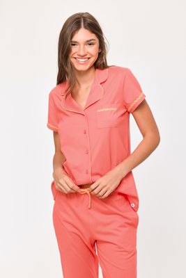 Woody - Dames Pyjama doorknoop - Koraalrood