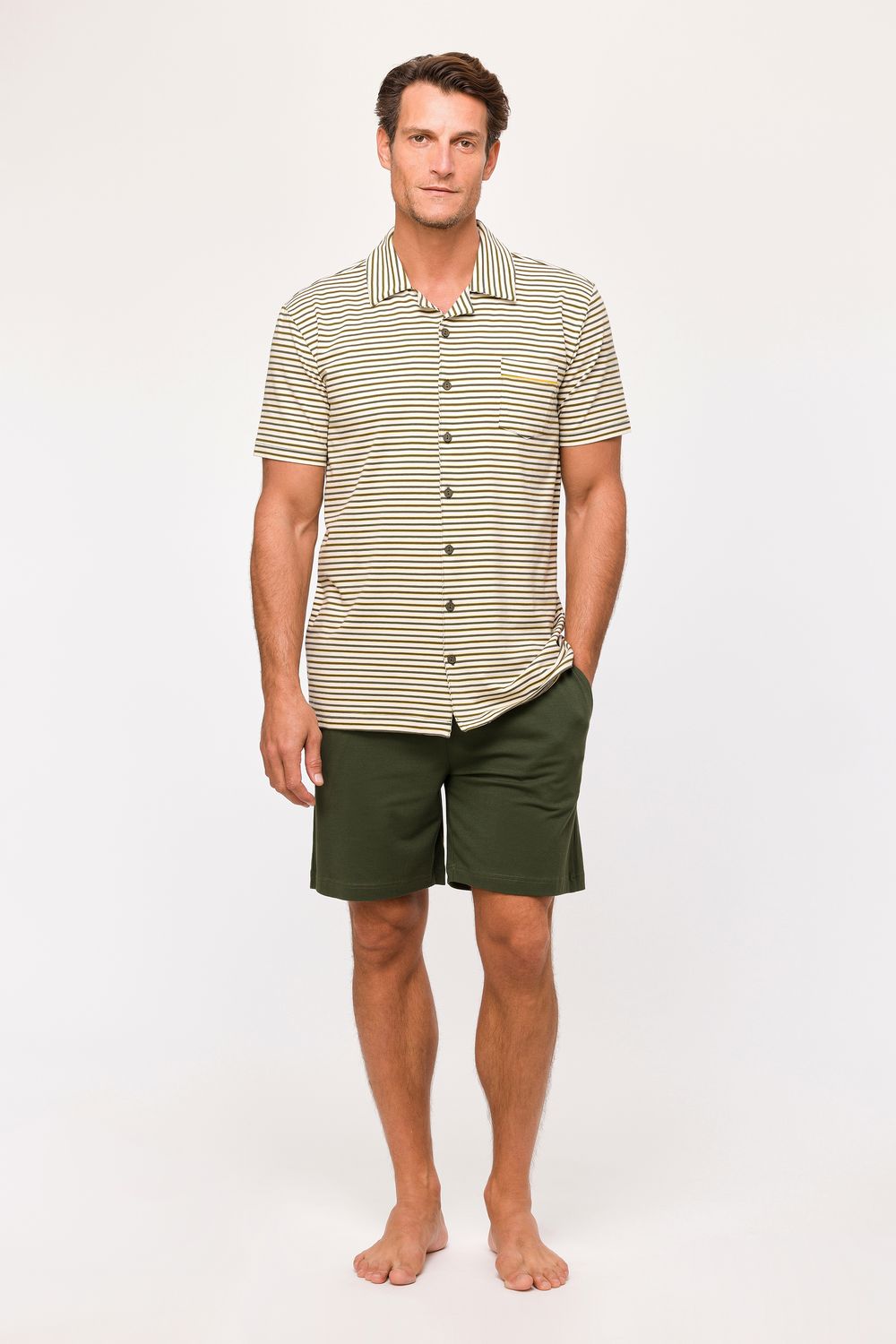 Woody - Heren Pyjama - Beige Gestreept