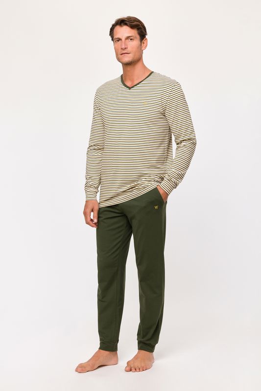 Woody - Herenpyjama - Beige Gestreept