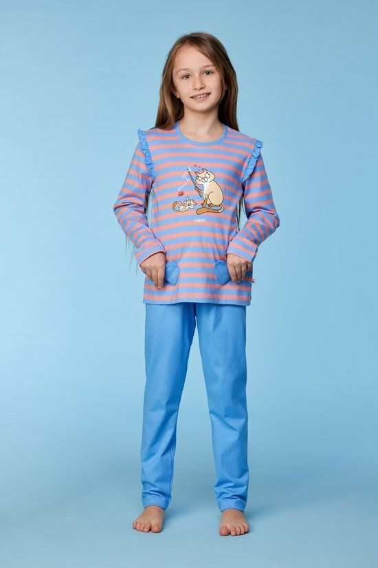 Woody - Meisjes/Dames Pyjama - Blauw/Roze Gestreept