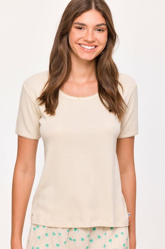 Woody - Meisjes/ Dames Pyjama - Creme - 100% organisch katoen - tetra short met palmbomen