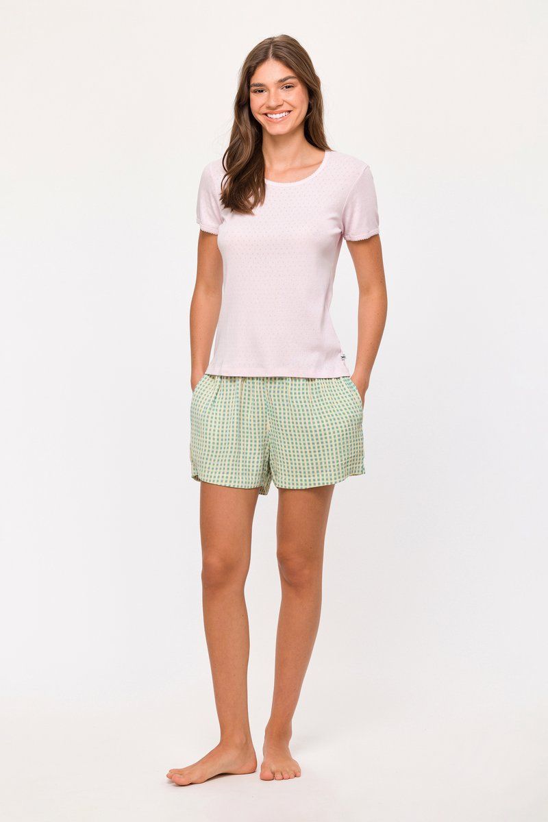 Woody - Meisjes/ Dames Pyjama - Lichtroze - 100% organisch katoen - tetra short met ruitjes