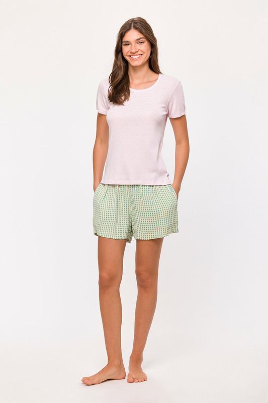 Woody - Meisjes/ Dames Pyjama - Lichtroze - 100% organisch katoen - tetra short met ruitjes