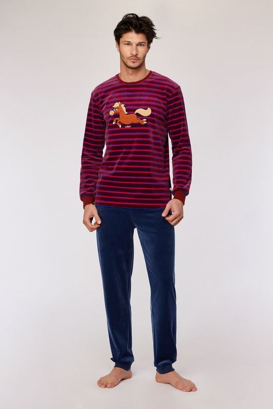Woody - Jongens/Heren Pyjama in velours  - Rood Gestreept - Pony