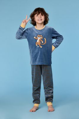 Woody – Boys Pyjamas – Blue Grey – Soft Velour Winter Pyjamas