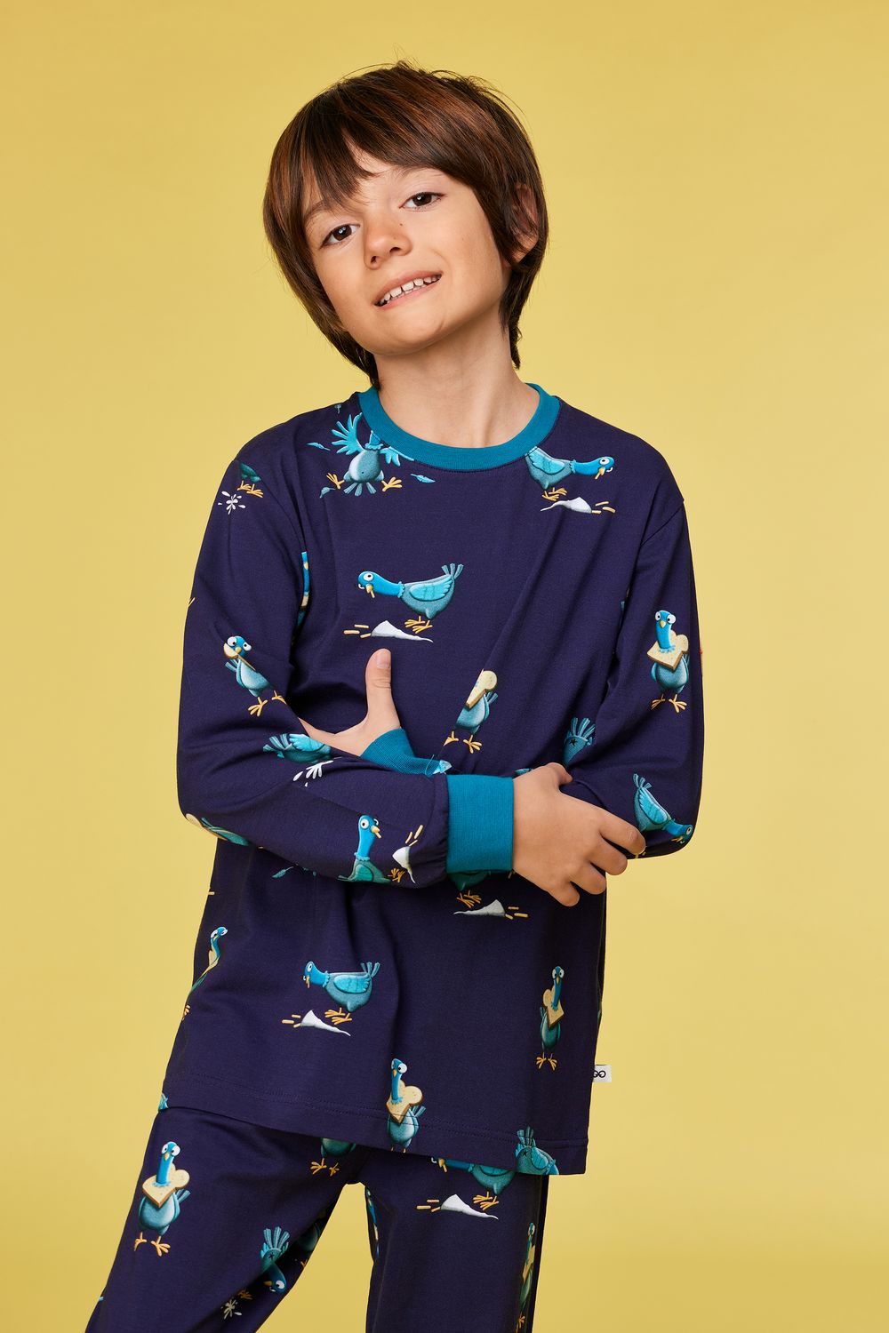 Woody - Jongens Pyjama - Donkerblauw met Duivenprint Allover