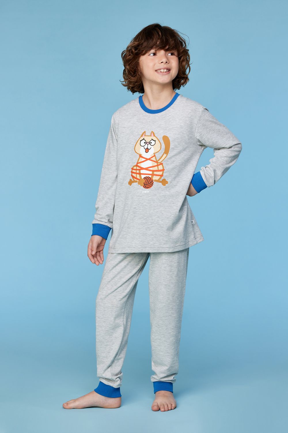 Woody - Jongens Pyjama - Grijs Mélange - Kat