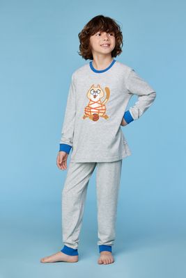 Woody – Boys' Pyjamas – Grey Mélange with Cat Print