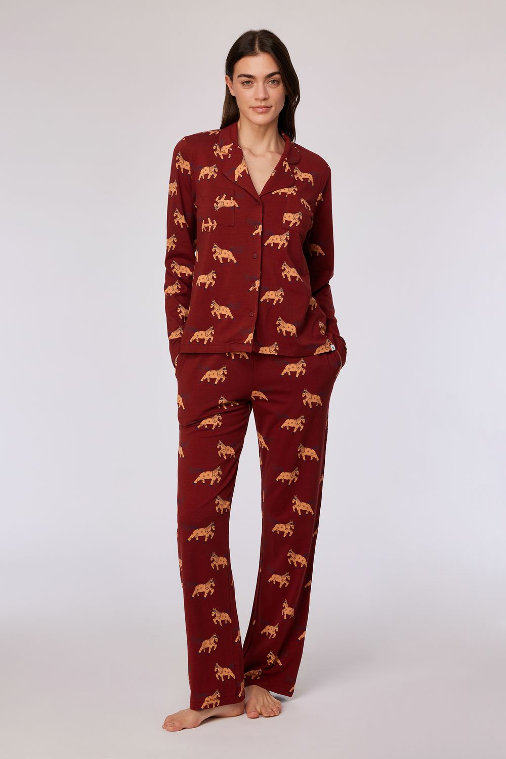 Woody - Meisjes/Damespyjama Doorknoop - Donkerrood - Pony