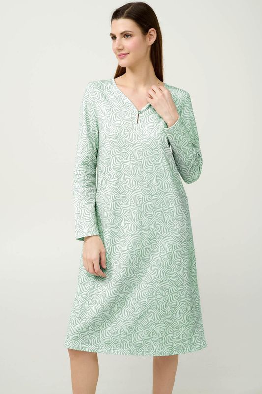 Vamp - Dames nachthemd katoen fleece – winter nachtkleed met groene zebra-print en lange mouwen - Green Frosty