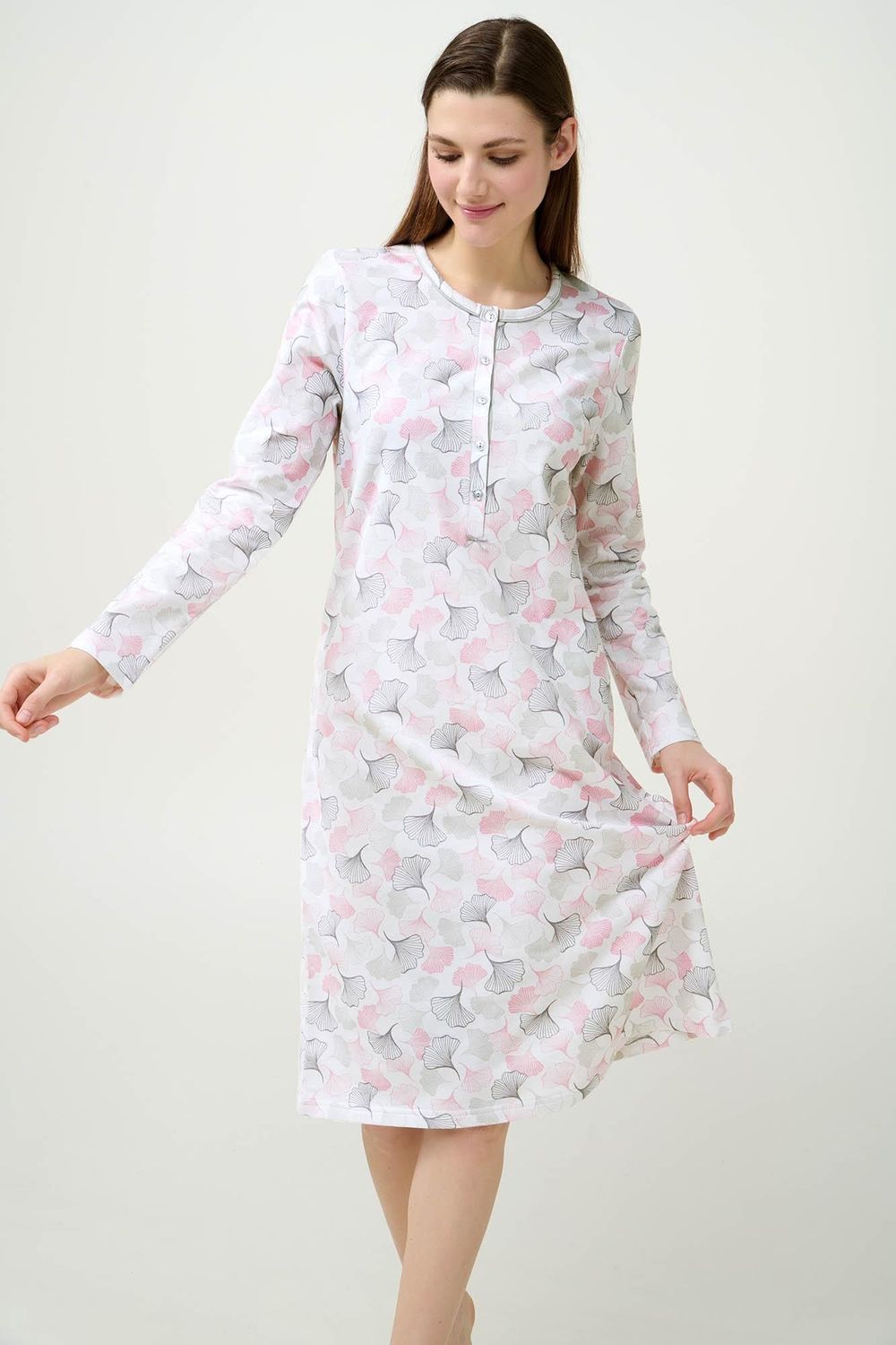 Vamp - Dames nachthemd katoen fleece – winter nachtjapon met pastelblad print en knoopsluiting- Grey Silver