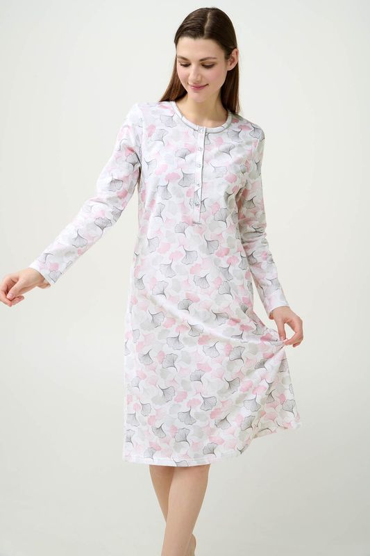 Vamp - Dames nachthemd katoen fleece – winter nachtjapon met pastelblad print en knoopsluiting- Grey Silver