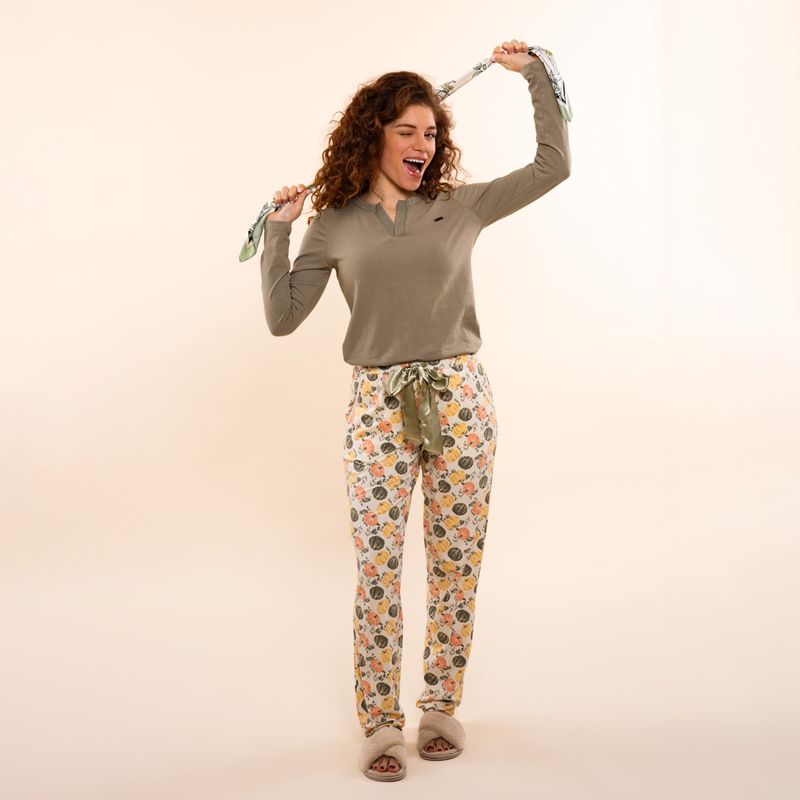 Charlie Choe - Pyjama Set – Modal Mix – Groen Top &amp; Bloemenprint Broek - Faded Green