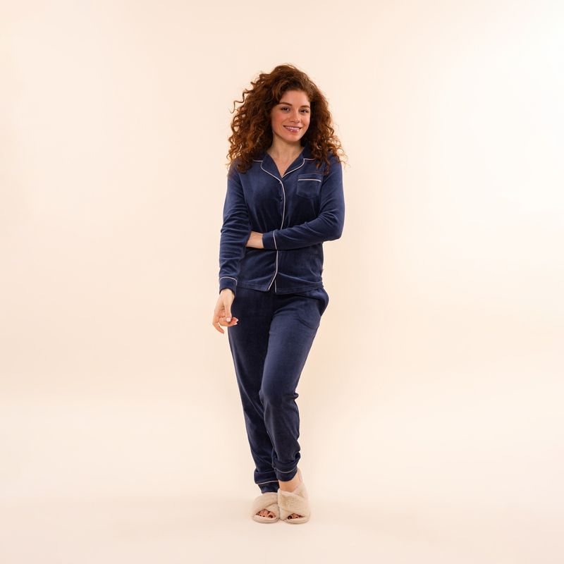 Charlie Choe Dames Huispak – Velours - Doorknoop– Cozy Days – Navy