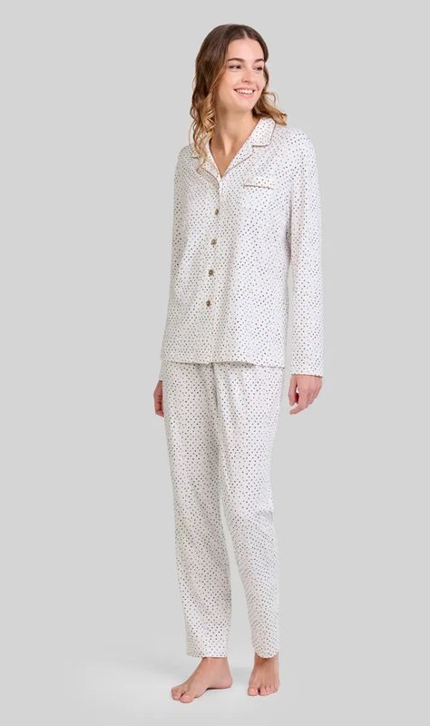 Lohe Dames Doorknooppyjama – Lange Mouw &amp; Lange Broek – Stippenprint – Katoen Modal Mix – Wintercollectie