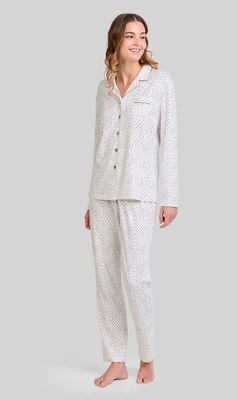 Lohe Dames Doorknooppyjama – Lange Mouw &amp; Lange Broek – Stippenprint – Katoen Modal Mix – Wintercollectie