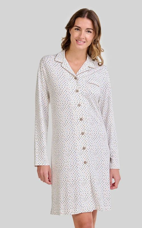 LOHE Nightdress – White Polka Dots – Super Soft Cotton-Modal – Long Sleeve