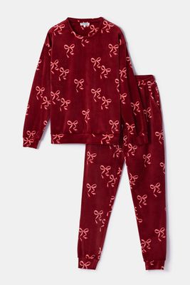 Woody - Meisjes/Dames Huispak / Pyjama in streelzachte velours -  Bordeaux Strikkenprint