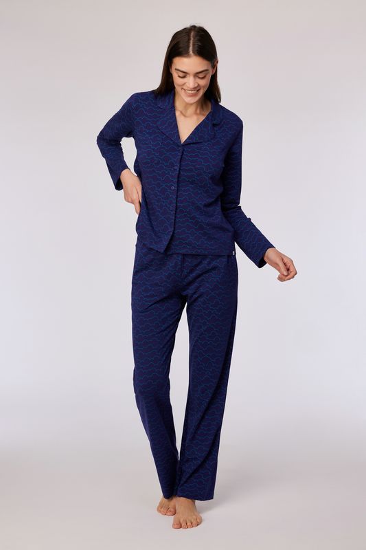 Woody - Dames Doorknoop Pyjama in rekbaar katoen met wolkenprint - Donkerblauw