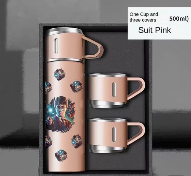 Harry Potter Thermosfles 500ml – Roestvrij staal – Geïsoleerd met 2 Bekers – Warner Bros – Zalmkleur
