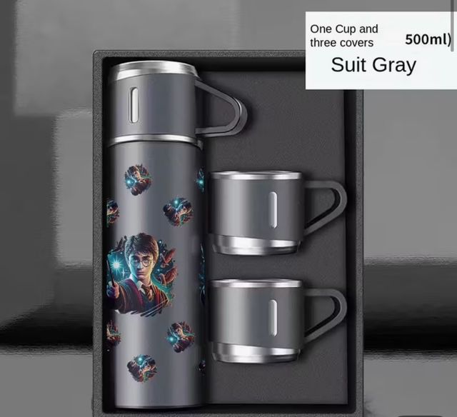 Harry Potter Thermosfles 500ml – Roestvrij staal – Geïsoleerd met 2 Bekers – Warner Bros – grijs