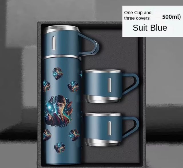 Harry Potter Thermosfles 500ml – Roestvrij staal – Geïsoleerd met 2 Bekers – Warner Bros – Blauw