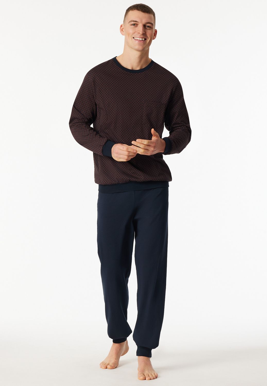 Schiesser - Pyjama lange borstzak roodbruin patroon - Comfort Essentials