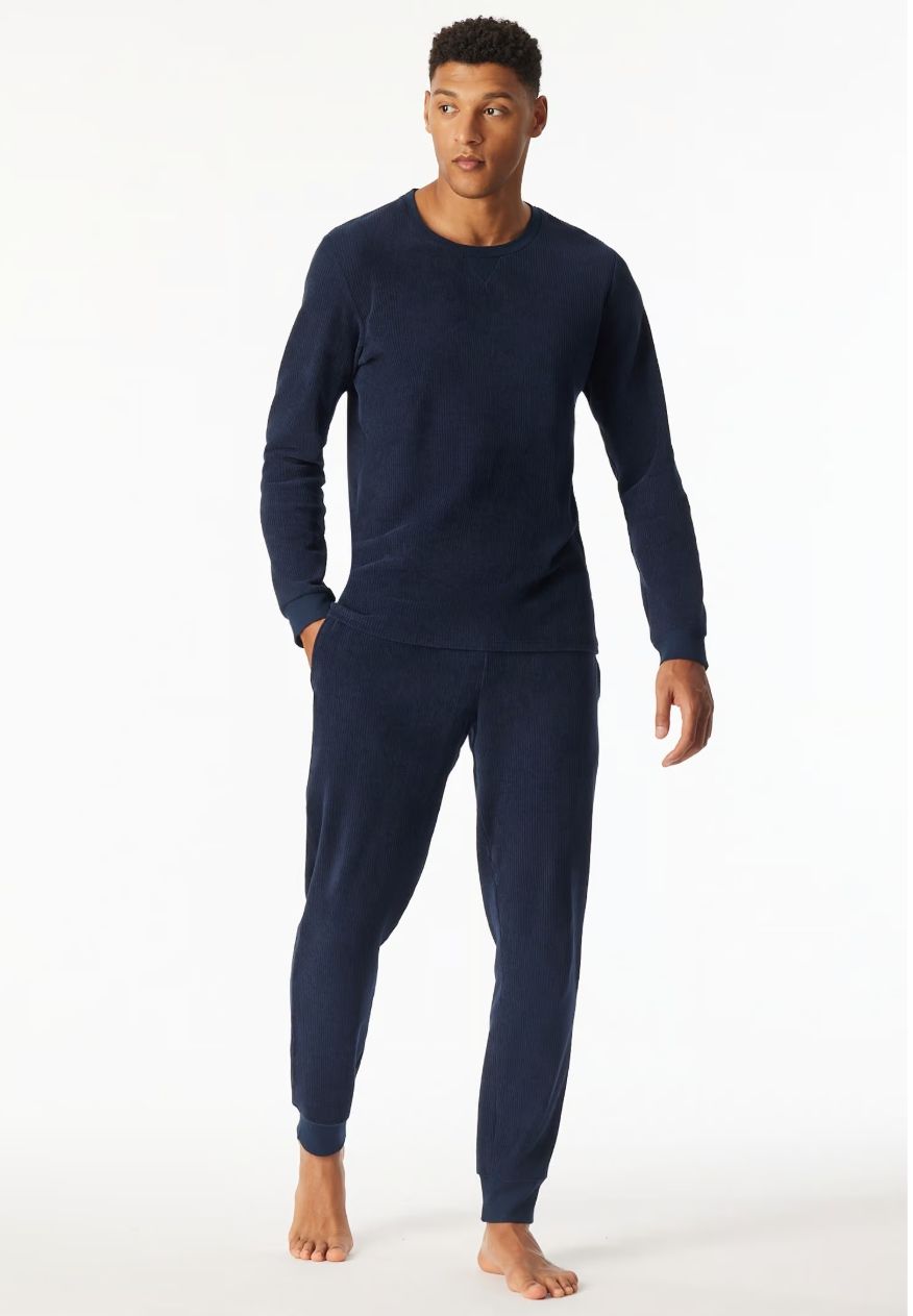 Schiesser - Herenpyjama in Velours - Donkerblauw
