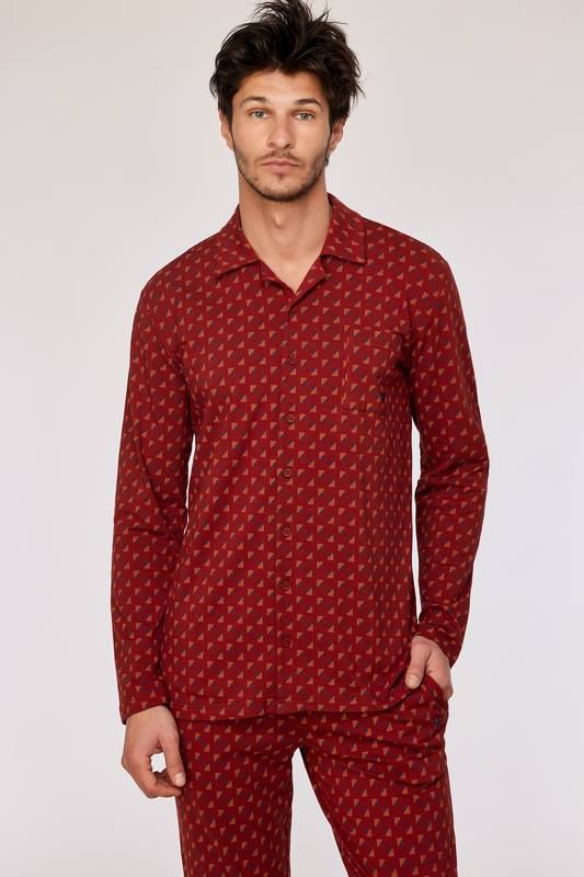 Woody - Heren Pyjama doorknoop - Donkerrode geometrische print